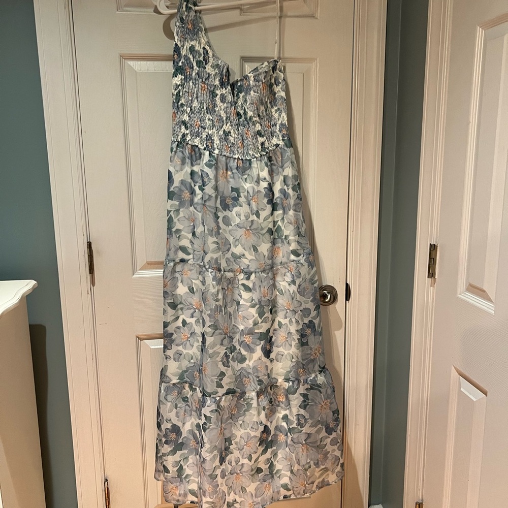 ARULA Blue and White Floral One Shoulder Dress